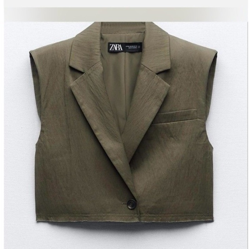 Zara Vest XS Olive Green Cropped Raw Hem Sleeveless Blazer Boxy Double Breasted